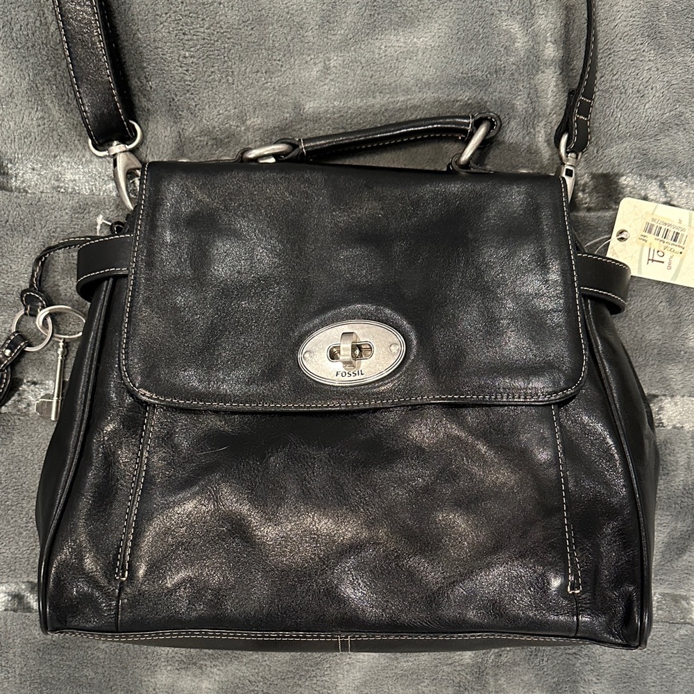 Fossil Black Executive Flap Tote Crossbody Bag - Turn-Lock Closure NWT Vintage